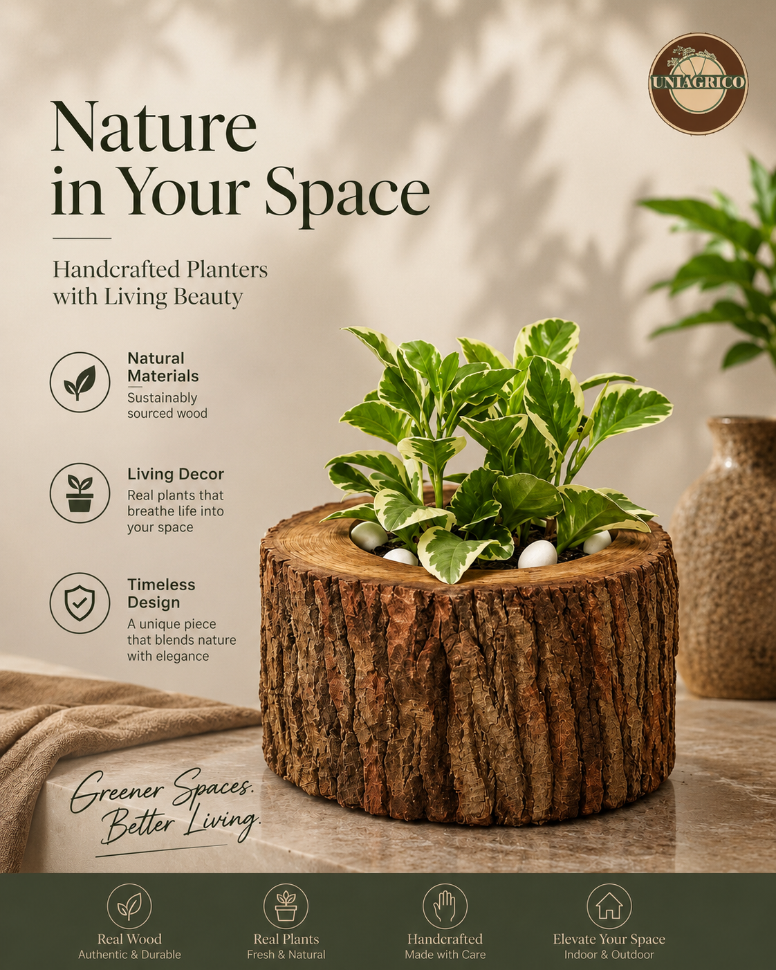 Natural tree-trunk planter with living plant