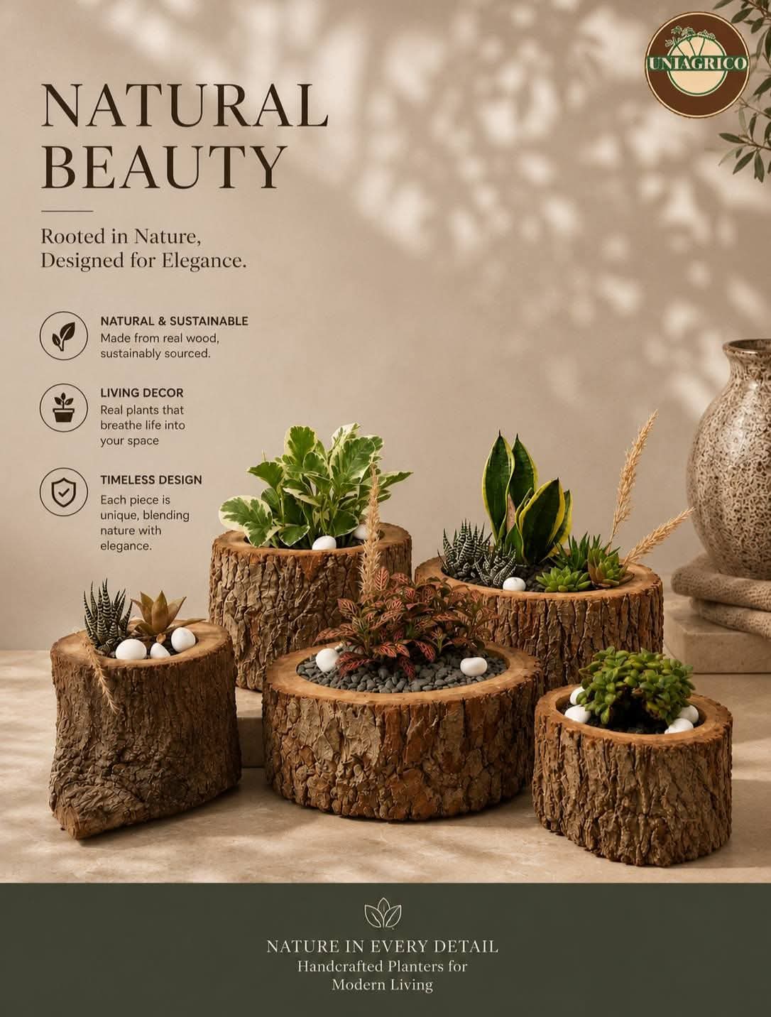 Collection of natural tree-trunk planters